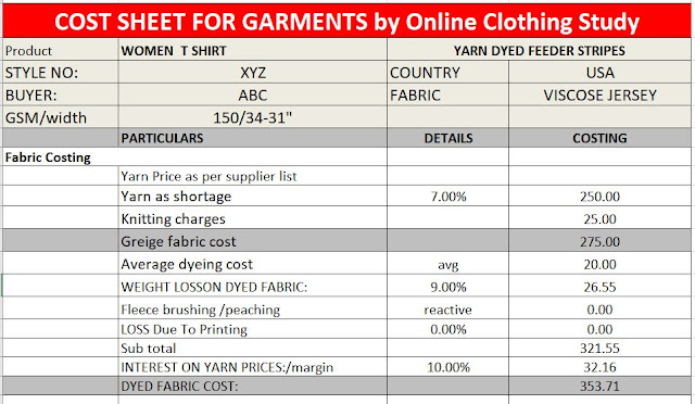 Garment costing sheet Excel template